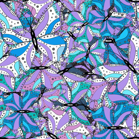 Tropical butterfly seamless pattern in blue, violet and white colors. Vector illustration. In simple style. An image of butterflies. Doodle, sketch, scribble.のイラスト素材