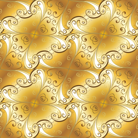Ornate decoration. Damask gold abstract flower seamless pattern on beige and yellow colors. Vector illustration.のイラスト素材