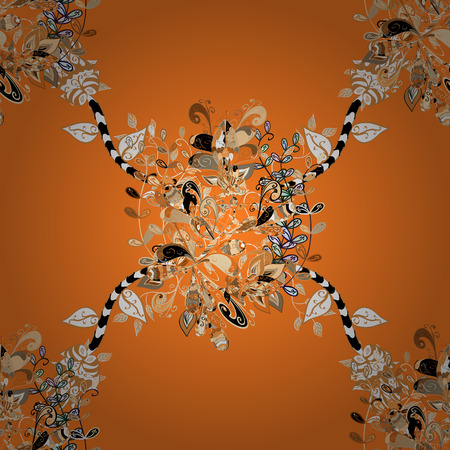 In asian textile style on orange, beige and white colors. Floral seamless pattern with watercolor flowers. Vector illustration.のイラスト素材