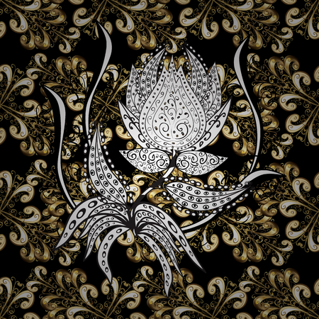 Golden pattern on black, white and beige colors with golden elements. Traditional classic golden pattern. Seamless oriental ornament in the style of baroque. Vector oriental ornament.のイラスト素材