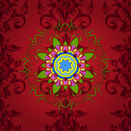 Abstract ethnic vector seamless pattern. Tribal art boho print, vintage flower background. Background texture, sketch, floral theme in red, green and yellow colors.のイラスト素材