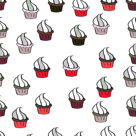 Print for bakery. Seamless pattern hand drawn cupcakes. Vector illustration. Sweets background design. Black, gray and white color.のイラスト素材