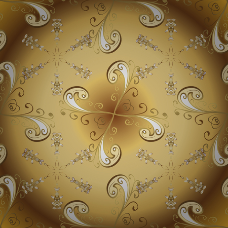 Golden elements in oriental style arabesques. Seamless pattern on yellow and brown colors. Seamless golden textured curls. Vector golden seamless pattern.のイラスト素材