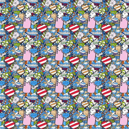 Seamless with cupcake. Wrapping paper. Vector illustration. For food poster design on blue, white and black.のイラスト素材