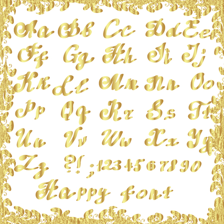 ABC in sketch style. Ornamental. Vector illustration. Nice font design, trendy alphabet letters and numbers. Pictures in yellow and white colors.のイラスト素材