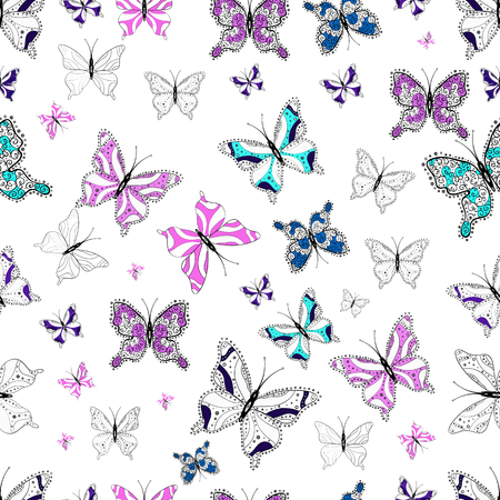 Seamless pattern with Flying Butterflies in Watercolor Style. Illustration on black, neutral and white colors. Beauty in Nature. Background for Fabric, Textile, Print and Invitation. Vector design.のイラスト素材