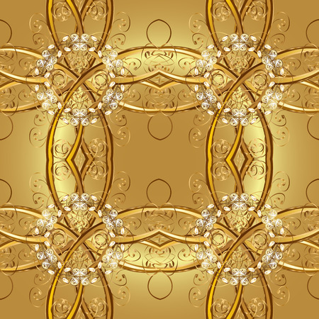 Damask seamless pattern for design. Vector seamless pattern on yellow and brown colors with golden elements.のイラスト素材