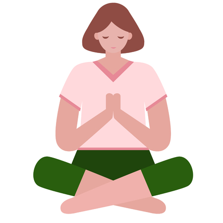 Meditating woman flat illustration. Home, travel and lifestyle series.のイラスト素材