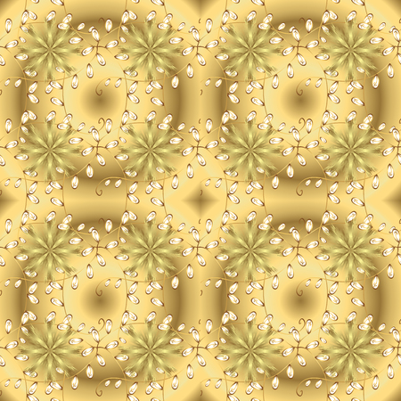Golden snowflakes on beige and yellow colors. Winter snow texture wallpaper. Symbol holiday, New Year celebration vector golden pattern. Christmas golden snowflake seamless pattern.のイラスト素材