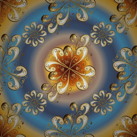 Seamless pattern on blue colors with golden elements. Seamless golden texture curls. Vector. Brilliant lace, stylized flowers, paisley. Oriental style arabesques. Openwork delicate golden pattern.のイラスト素材