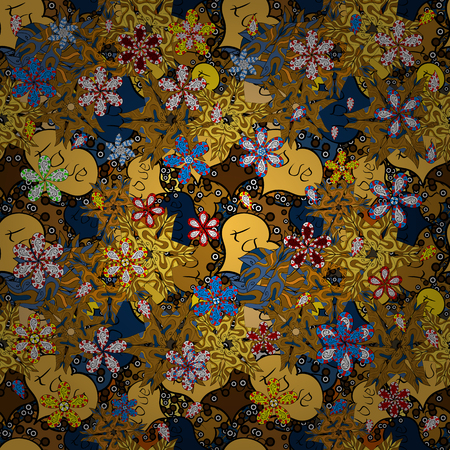 Doodles on a black, yellow and brown colors. Illustration. Vector texture. Seamless pattern Beautiful fabric background.のイラスト素材