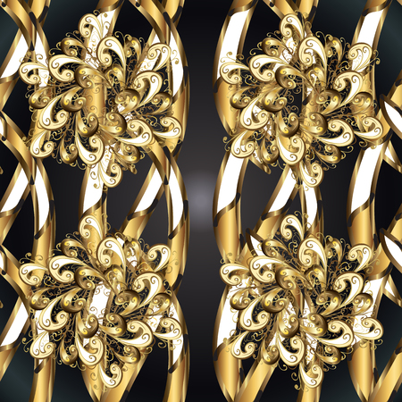 Golden outline floral decor. Golden element on gray and brown colors. Line art seamless border for design template. Eastern style element. Vector illustration for invitations, cards, web page.のイラスト素材