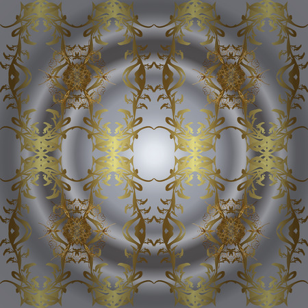 For your design, wallpaper. Golden color seamless illustration. Vector geometric background. Golden seamless pattern on gray and neutral colors with golden floral elements.のイラスト素材