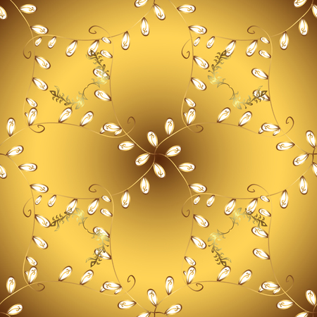 Ornamental floral elements with henna tattoo, golden stickers, mehndi and yoga design, cards and prints. Pattern on brown and yellow colors. Vector golden mehndi seamless pattern.のイラスト素材