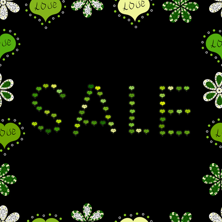 Best sale banner. Seamless pattern. Original poster for discount. Bright abstract background with text. Illustration in white, green and black colors. Vector illustration.のイラスト素材