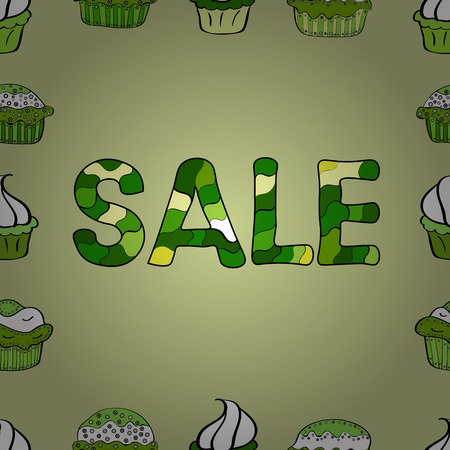 Seamless pattern. Vector of summer sale, favourite brands. Green and white friday, magic sale, logotype, print, text for sell out, clearance sale, closeout, giveaway, promo of fashion, floristic.のイラスト素材