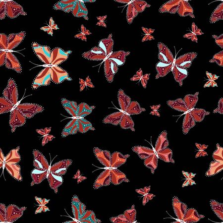 Spring butterfly cute theme. Pretty seamless butterfly cloth texture with blotter on black, red and white. Repeating insect fabric artwork for sketch.の写真素材