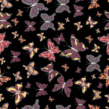 Seamless colorfil pattern. Pictures in black, brown and red colors. Fantasy nice illustration. Beautiful butterflies flying in the floral jungle design for book pages.の写真素材