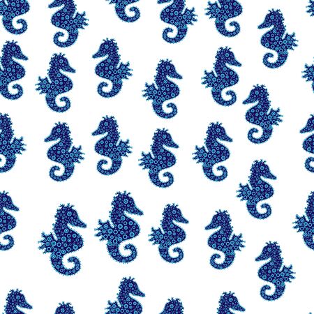 Summer exotic symbol. Hand drawn illustration. Watercolor illustration. White, blue and neutral Funny Sea Horse. Seahorse seamless background. Turquoise sea life. Simple marine pattern.の写真素材