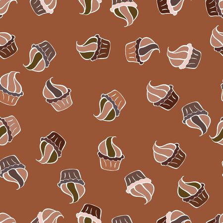 Seamless pattern hand drawn cupcakes. White, beige and brown color. Vector illustration. Print for bakery. Sweets background design.のイラスト素材