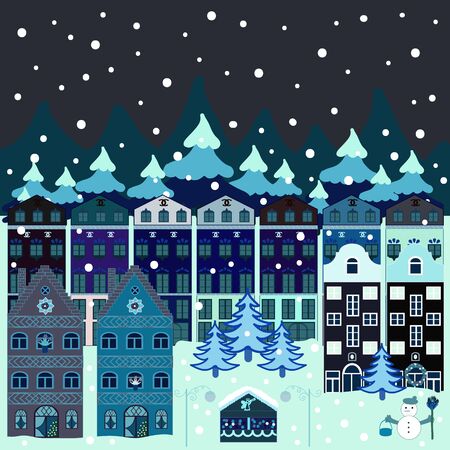 Vector. Unusual christmas illustration postcard. Amazing Decorated house decorated at christmas of christmas neutral, gray and blue colors in magical forest and hills.のイラスト素材