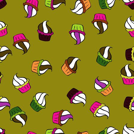 Vector illustration. Sweets design. Hand drawn outlined colorful seamless pattern with cupcakes, cute background on black, green and white.のイラスト素材