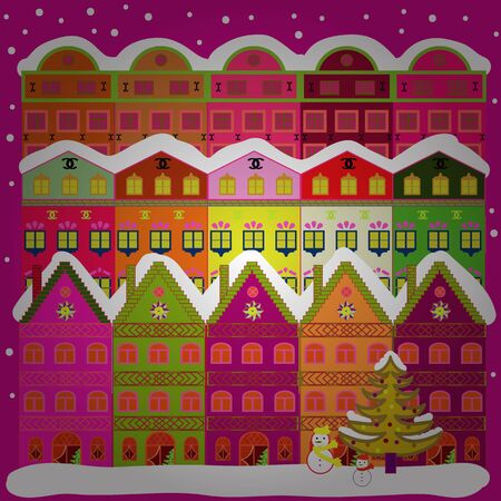 Vector illustration. Doodle houses vector background. Nice buildings on orange, magenta and white colors.のイラスト素材