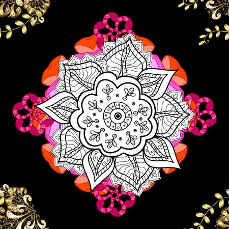 Islam, Arabic, Indian, ottoman motifs on a pink, white and black colors. Vector Ethnic Oriental Circle Ornament. Flower Mandala seamless pattern.のイラスト素材