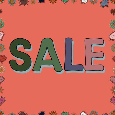 Lettering in green, blue and orange colors. Vector. Seamless. Of calligraphy summer sale, favourite brands. Friday, magic sale,   print, text for sell out, clearance sale, closeout, giveaway.のイラスト素材