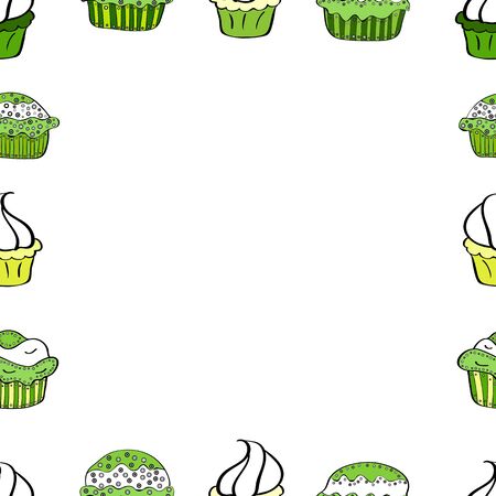 Vector illustration. Illustration in green, white and black colors. Doodles elements hand drawn frames. Seamless.のイラスト素材