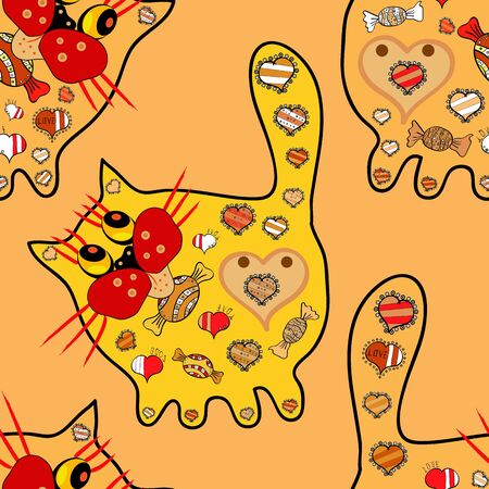 Vector nice page. Pattern at black, yellow and red colours. Template greeting card, invitation and advertising banner, brochure. Seamless. Colorful cat on pop art style.のイラスト素材
