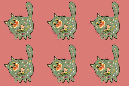 For any design projects. Sketch. Sleepy Cat Pet Icons and Tiled Background. Abstract sketch for boys, girls, clothes, wallpaper. Design at black, pink and neutral nice colours. Cute Cartoon. Raster.の写真素材