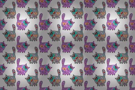 Illustration at gray, violet and white colours. Raster. Cute background for design of fabric, paper, wrappers and wallpaper. Seamless nice cats colorful. Village pattern for textile and fabric.の写真素材
