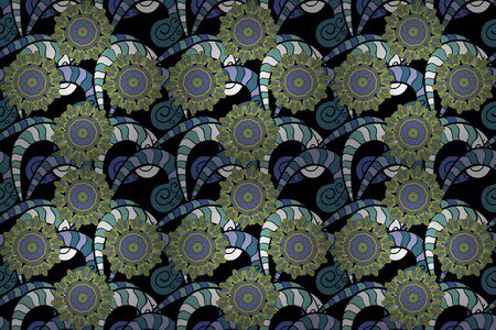 Colored Mandalas on yellow, blue and black colors. Oriental pattern. Vintage raster decorative elements. Islam, Arabic, Indian, turkish, pakistan, chinese, ottoman motifs.の写真素材