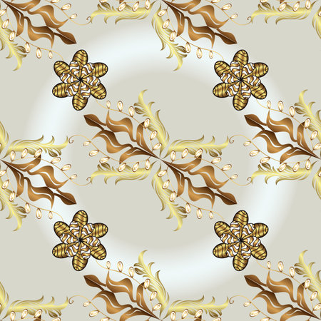 Golden pattern on neutral and gray colors with golden elements. Flat hand drawn vintage collection. Backdrop, fabric, gold sketch. Vector golden seamless pattern.のイラスト素材