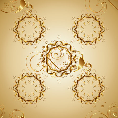 Seamless classic vector golden pattern. Classic vintage background. Traditional oriental ornament. Golden pattern on yellow, beige and neutral colors with golden elements.のイラスト素材