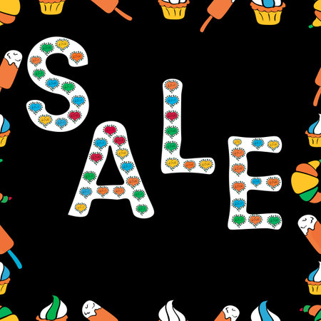 Seamless pattern. Lettering. Picture in orange, black and white colors. Vector illustration. Weekend Sale Banner Template.のイラスト素材