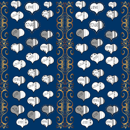 Vector illustration. Big and small hearts with swirls in gray, white and blue colors. Seamless Valentine':s Day with watercolor heart outlines.のイラスト素材