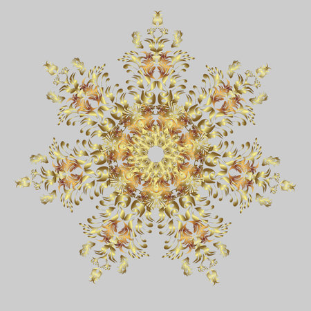 Cute abstract snowflake vector design. New year snowflake. Flat snow doodle icons, snow flakes silhouette in golden colors for Christmas banner, cards.の写真素材