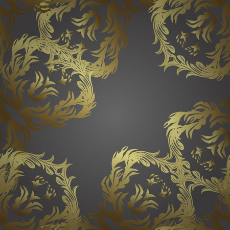 Gray, neutral and yellow backdrop with gold trim. Furniture in classic style. Seamless element woodcarving. Carving. Patina. Luxury furniture. Pattern on gray, yellow colors with golden elements.のイラスト素材