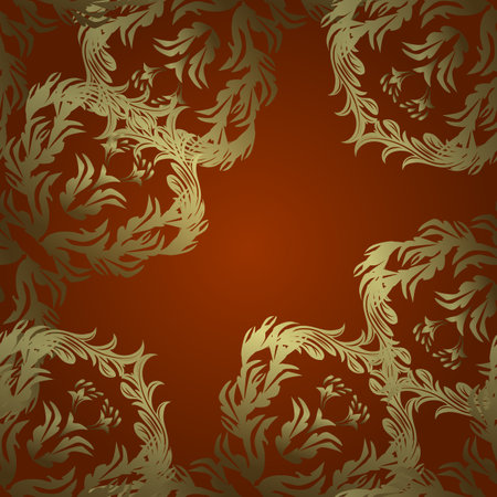 Vector abstract floral wreath from golden doodle fantasy leaves and flower on a brown, yellow and neutral colors. Hand drawn decorative frame, album cover, greeting card, vintage Art deco style.のイラスト素材