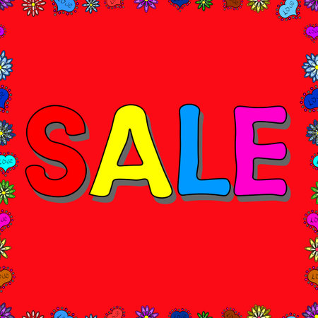 Vector illustration. Lettering. Illustration in red, yellow and gray colors. Seamless pattern. Drawn art sign. Nice sale banner.のイラスト素材