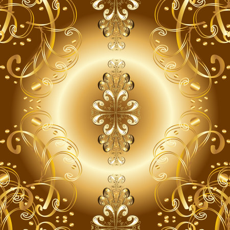 Seamless oriental ornament in the style of baroque. Traditional classic golden vector pattern on brown, beige and yellow colors with golden elements.のイラスト素材