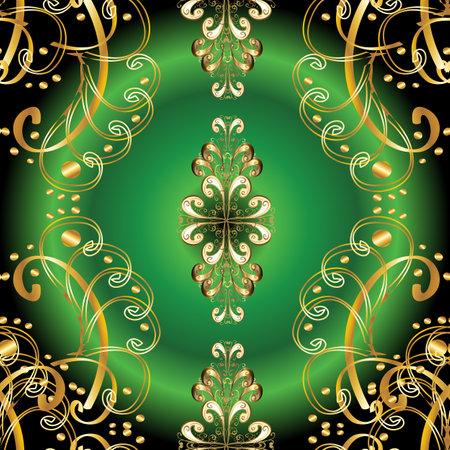 Vector illustration. Golden seamless pattern on black, yellow and green colors with golden elements. Vector abstract background with repeating elements. Seamless damask classic golden pattern.のイラスト素材