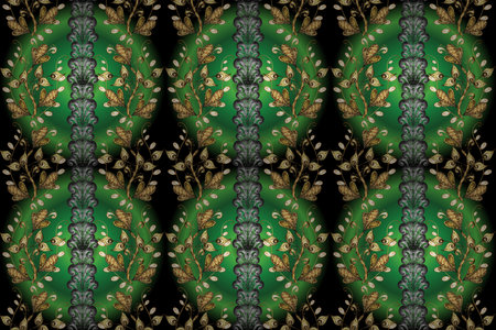 Seamless golden pattern. Golden pattern with white doodles on gray, green and black colors with golden elements. Raster oriental ornament.の写真素材