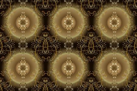 Damask seamless repeating pattern. Golden element on beige, brown and neutral colors. Gold floral...