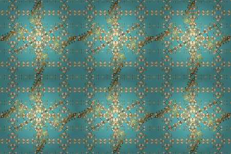 Oriental traditional hand seamless border for design. Raster. Illustration in yellow, brown and blue...