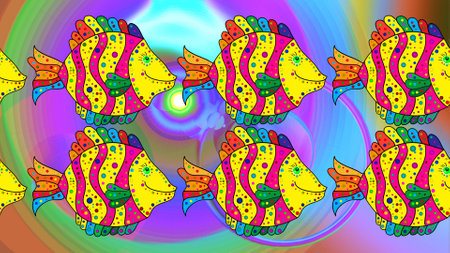 Yellow, blue and violet. Raster illustration. Watercolor texture fish pattern. Sketch.の写真素材