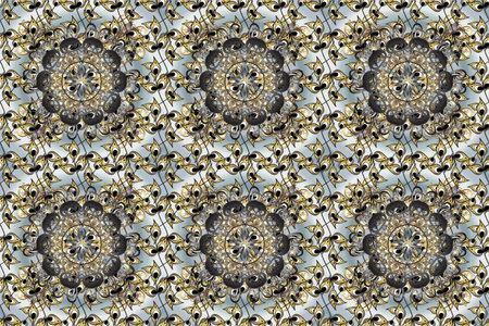 Golden seamless pattern on gray, neutral and brown colors with golden elements. Raster illustration....
