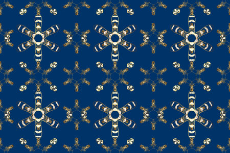 Flat hand drawn vintage collection. Raster golden seamless pattern. Golden pattern on blue, beige...